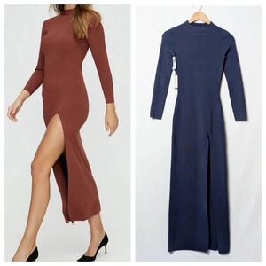 NWT BABATON Leopold Dress Maxi Mock Neck Dive Blue Grey Slit XS Aritzia
